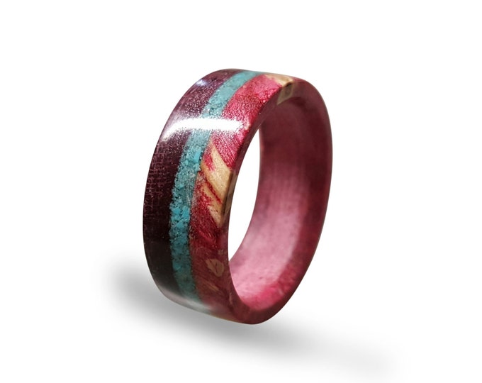 Pink Box Elder Burl men ring with Amaranth wood and turquoise inlays