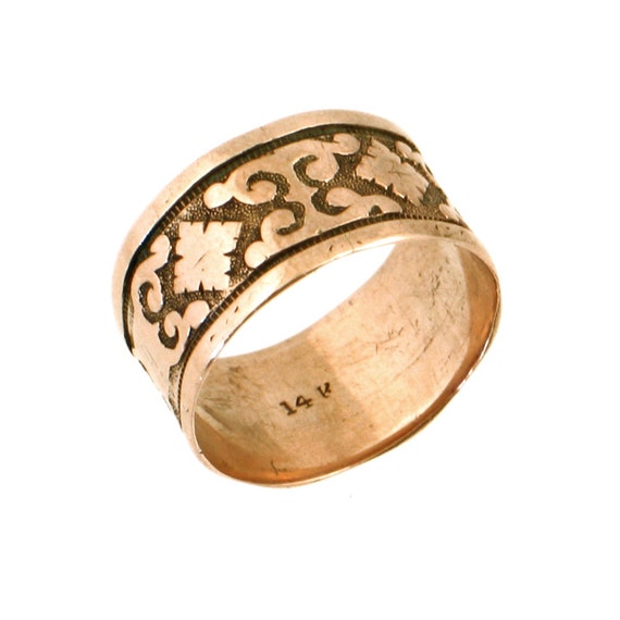 Victorian 14K Gold Cigar Band Ring Embossed Antique Ring in