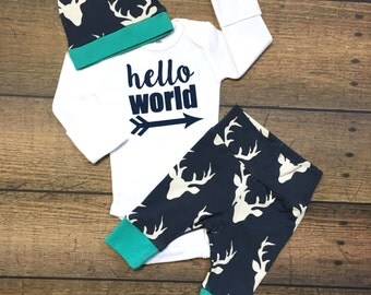 Newborn Baby coming home outfit, Navy Deer and Teal theme boy going home set hello world baby shower gift coming home from the hospital set