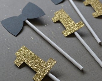 Mr. Onederful 1st Birthday Bowtie and Gold Glitter Cupcake Toppers