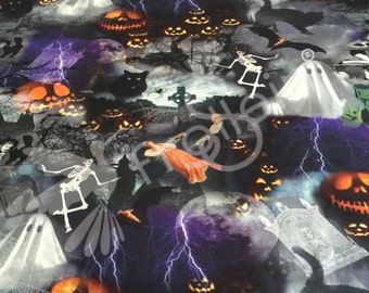 Knit fabric, jersey fabric, cotton lycra fabric "Halloween-Fright night", Digital Print, Oeko Tex, by the half yard, vampire knit,