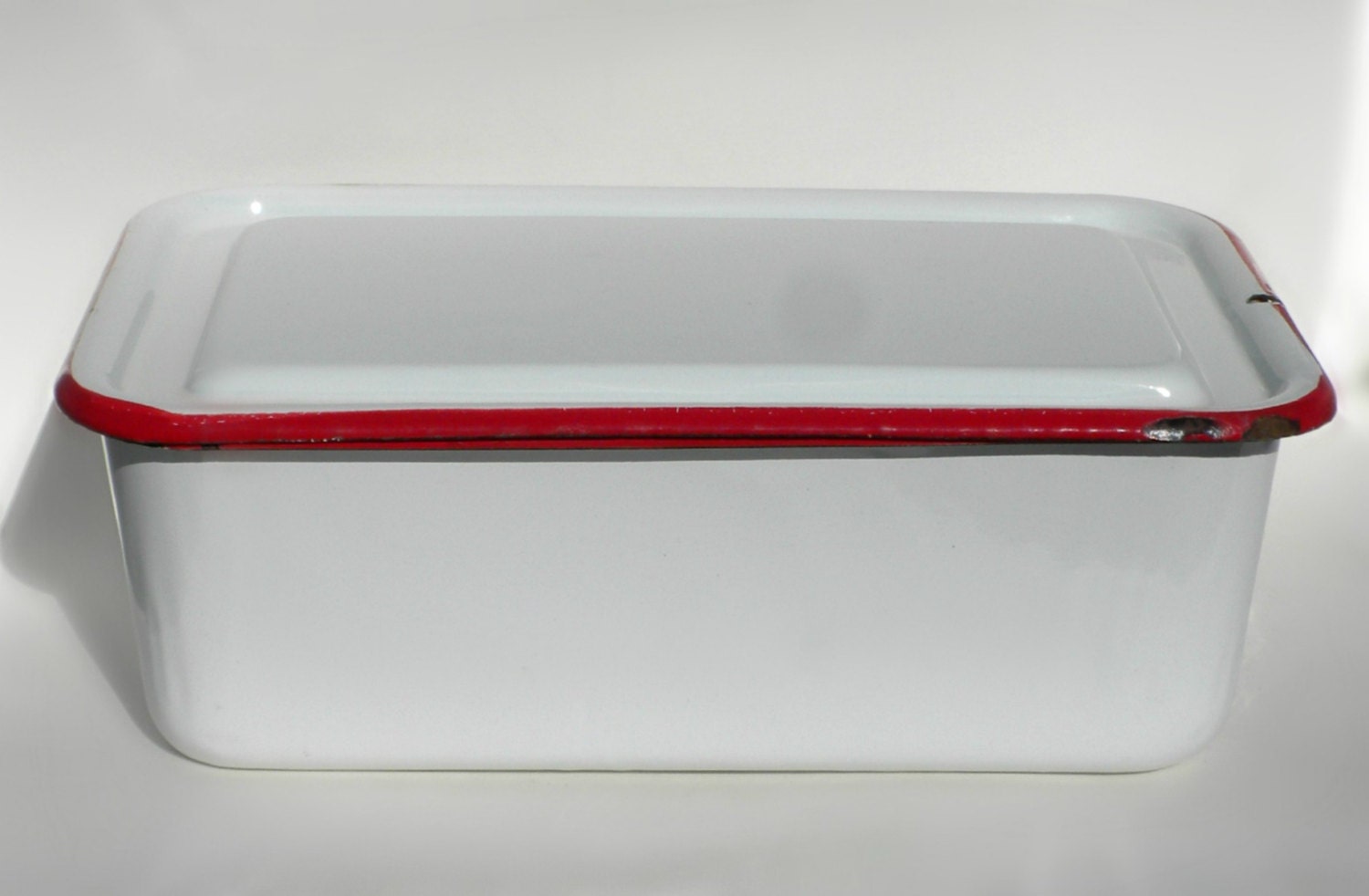 White Enamelware Red Trim Enamelware Pan With by BunnyFindsVintage