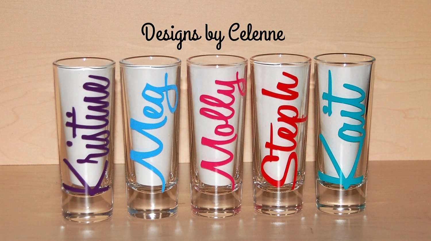 Set of 5 personalized shot glasses Names in Font 1