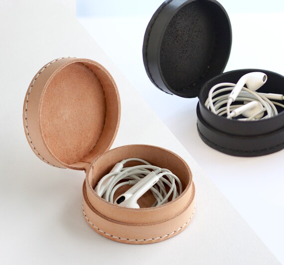 Small leather collar case box pouch wallet for earphone