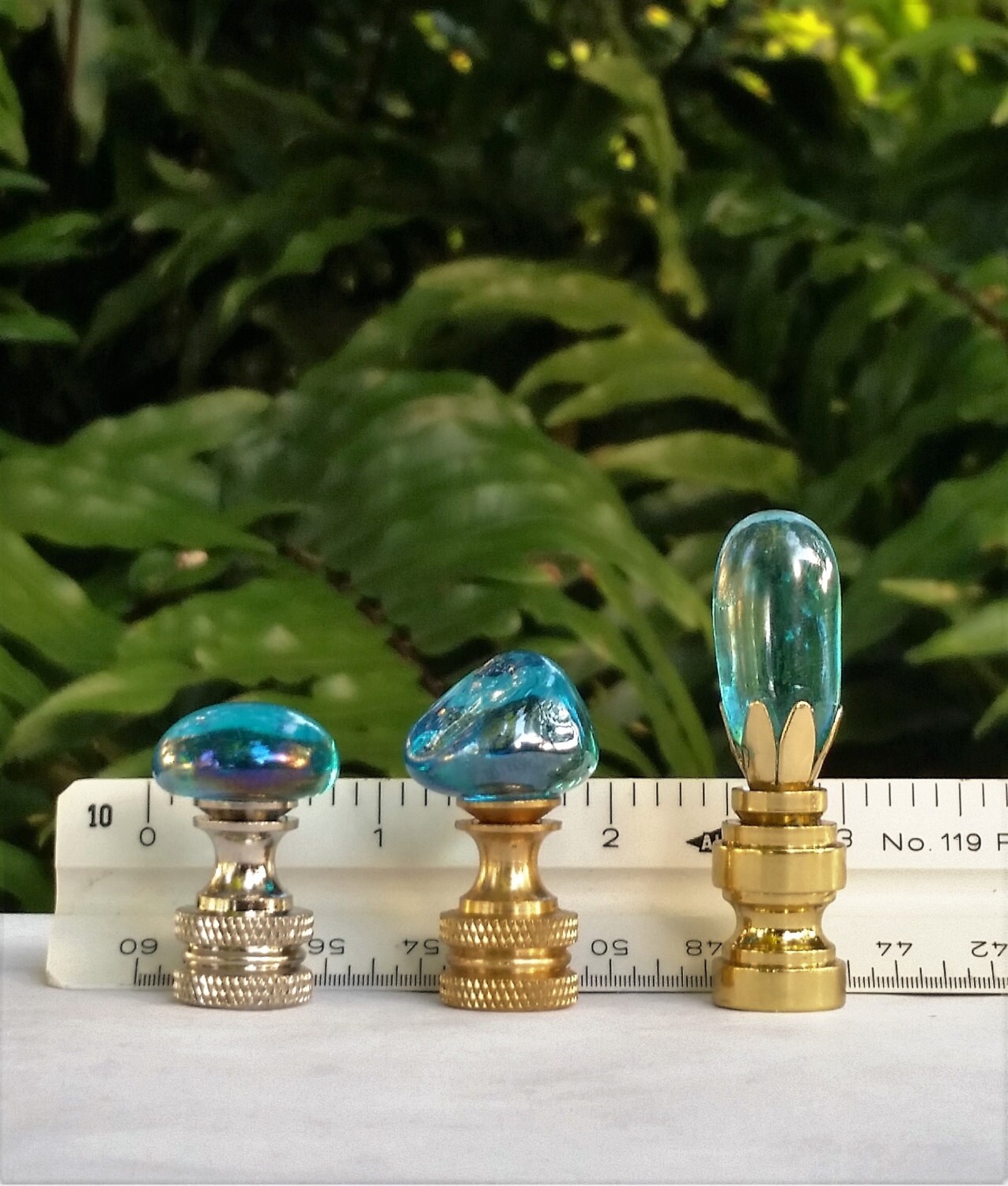 Lamp Finial Glass Turquoise Blue Round Flat Brass Nickel