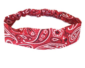 Red Bandana Headband Elastic Headband Paisley Hairband Womens Hair Accessories