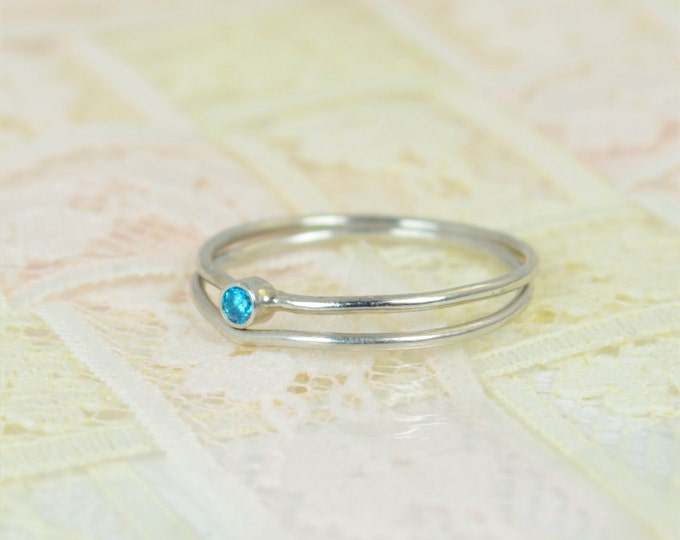 Tiny Blue Topaz Ring Set, Solid White Gold Wedding Set, Stacking Ring, White Gold Ring, December Birthstone, Mothers Ring, Blue Topaz Ring