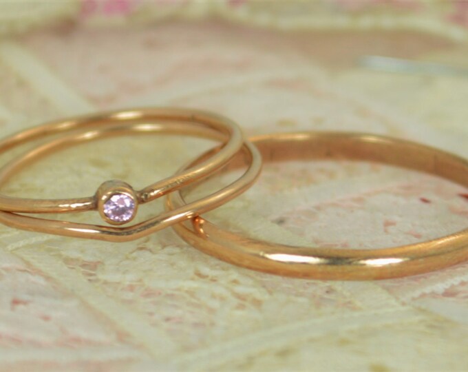 Tiny Pink Tourmaline Ring Set, Solid 14k Rose Gold Wedding Set, Stacking Ring, 14k Gold Tourmaline Ring, October Birthstone, Bridal Set