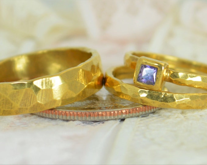 Amethyst Engagement Ring, 14k Gold, Amethyst Wedding Ring Set, Rustic Wedding Ring Set, February Birthstone, Solid Gold, Amethyst Ring