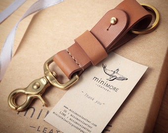 Leather Key Fob BRASS belt loop Key Landyard // Personalize name //Keychain solid brass swivel snap // Tan