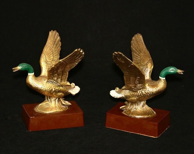 Storewide 25% Off SALE Vintage Stately Cast Brass Philadelphia Company Flying Green Headed Mallard Bookend Set Featuring Wooden Pedestal Bas
