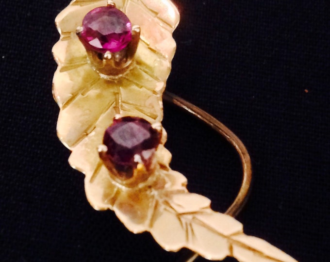 Storewide 25% Off SALE Vintage Solid 14k Gold Victorian Style Stick Pin With Amethyst Embellishments Featuring Textured Curved Leaf Design