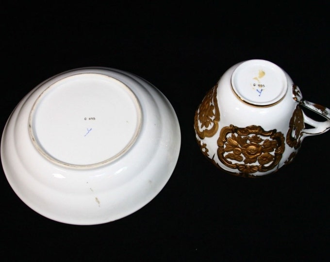 Storewide 25% Off SALE Vintage Gold Trim Hand Painted Oversized Porcelain Cup & Saucer Set Featuring French Provincial Design
