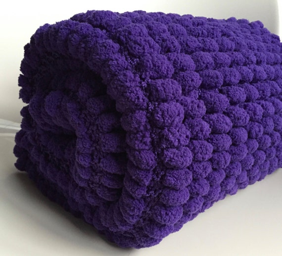 Pom pom baby blanket hand knit blanket purple blanket baby