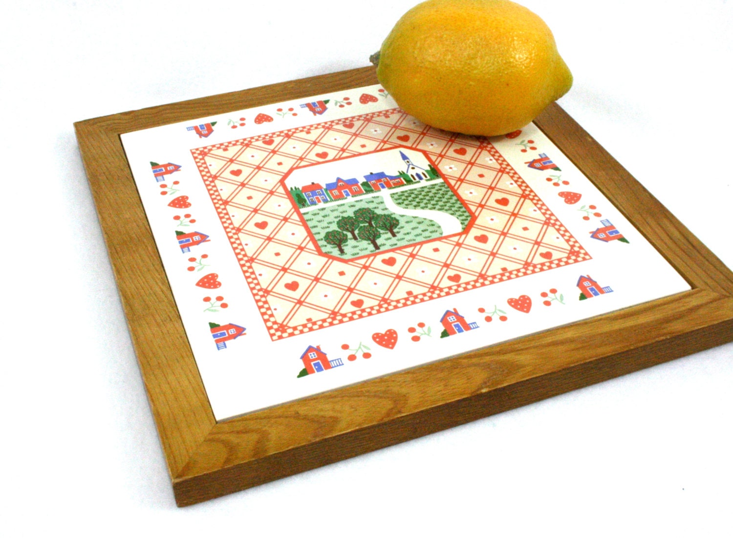 Vintage ceramic trivet red tile trivet square framed hot plate