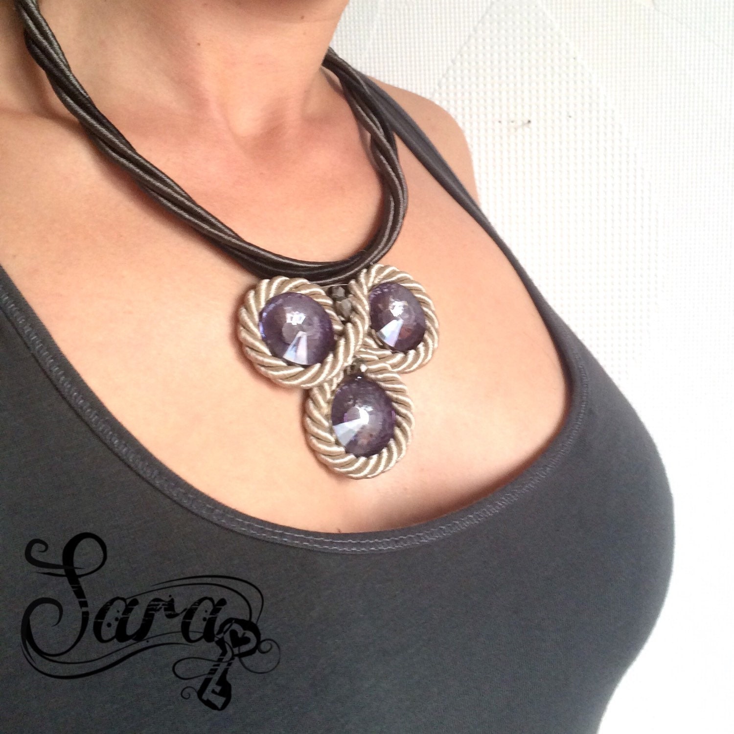 Triple necklace, Black cord necklace, Grey necklace, Beige necklace, Large rhinestone necklace