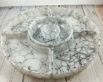 Hazel Atlas Spaghetti String Drizzle, Lazy Susan,serving sets,1950s kitchen,mid century mod,black and white,snack set,gifts for her,
