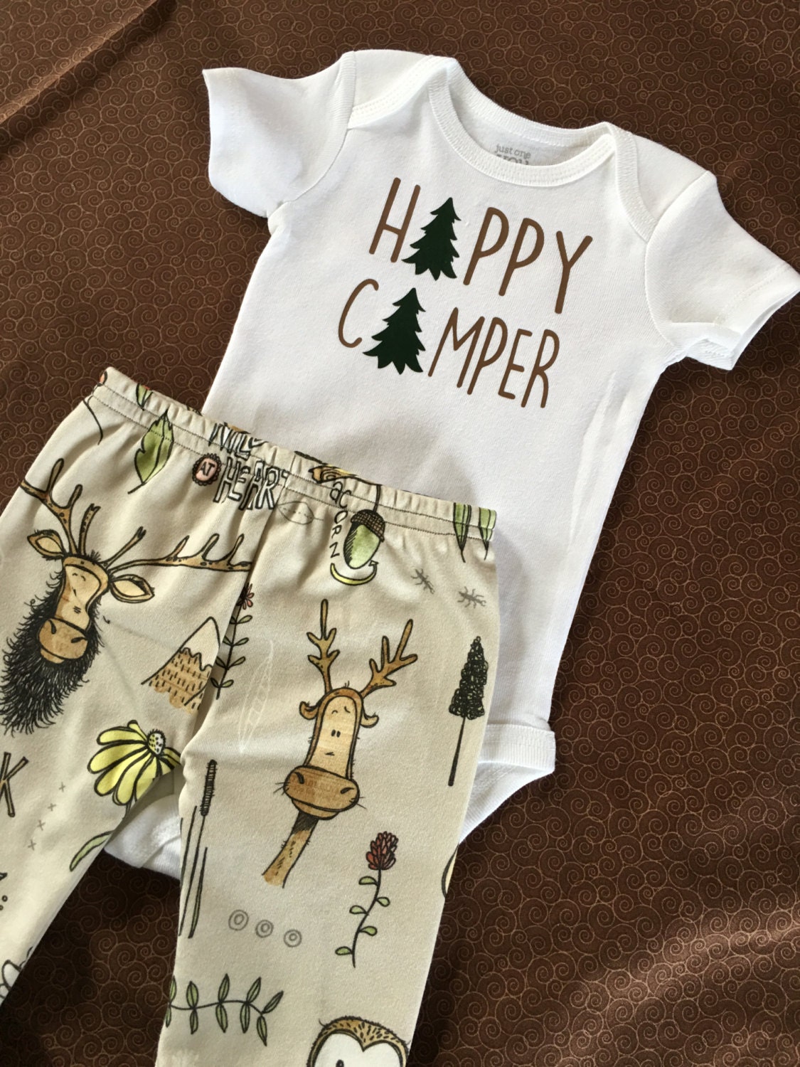 Happy camper. Baby boy. Baby girl. Camping baby outfit. Moose