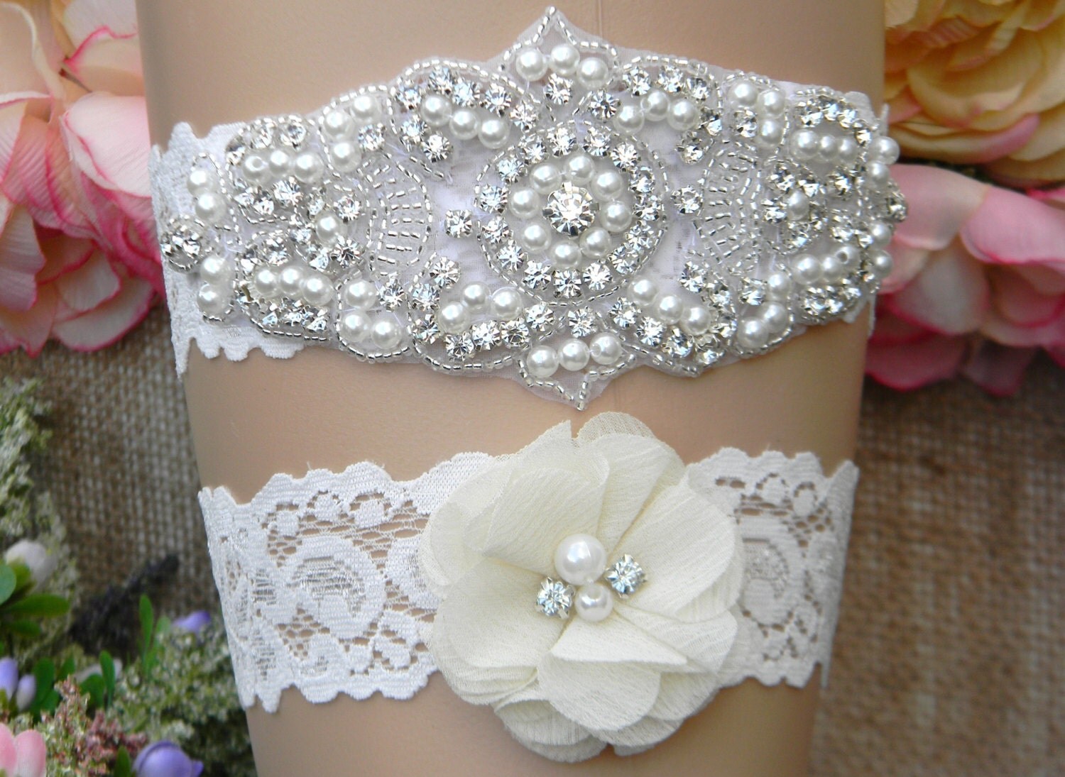 Wedding Garter Wedding Garter Set Bridal Garter Set Ivory