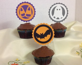 Halloween Cupcake Toppers , Ghost , Bat , Candy Corn , Witches Hat , Boo , Pumpkin , Party , Decor