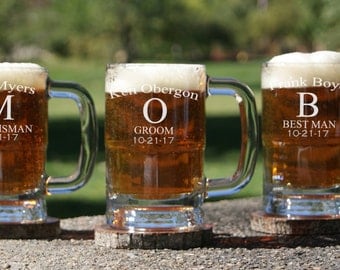 8 Personalized Beer Mug / Groomsmen Gifts / Beer Glass with Handle / Custom Engraved Mug / Etched Glassware - 16 DESIGNS