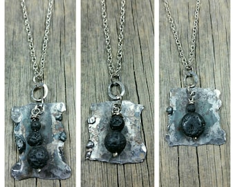 Hammered Steel Lava Stone Essential-Oil Diffusing Necklace / aromatherapy / handmade/sterling silver