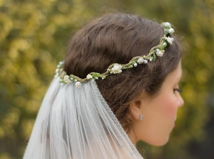 Boho veil flower crown with veil wedding veil flower halo