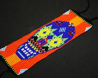 Orange Sugar Skull Bracelet, Day of the Dead Bracelet, Dia de Los Muertos Bracelet, Huichol Bracelet, Mexican Skull Bracelet, Cool Jewelry