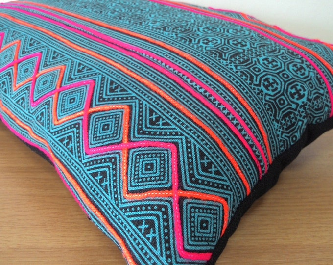 12"x20" Hmong Vintage Batik Cushion Cover, Tribal Throw Pillow Case, Blue Teal Hill Tribe Tradition Ethnic Textile Cover