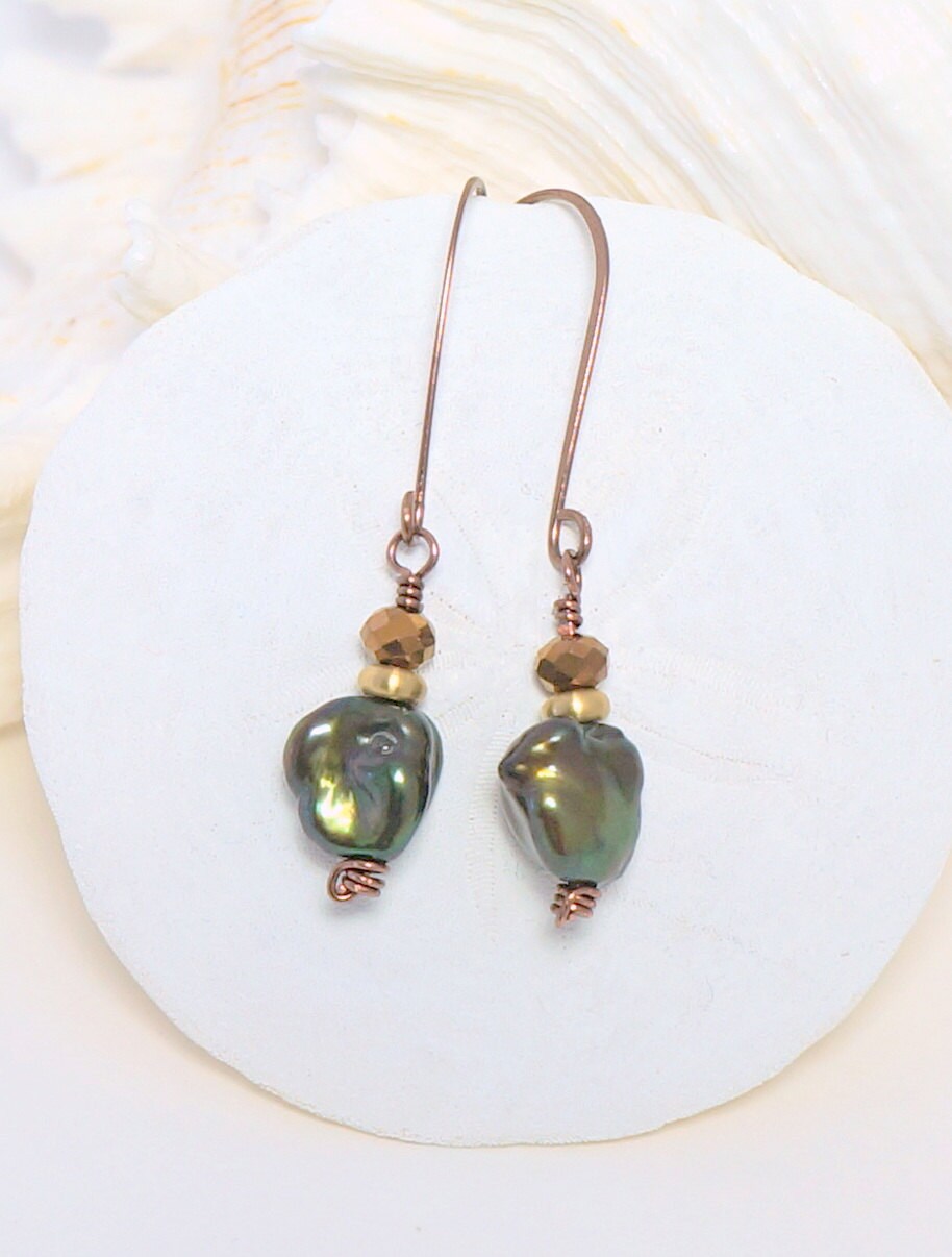 Green Pearl Earrings Freshwater Pearl Earrings Mixed Metal