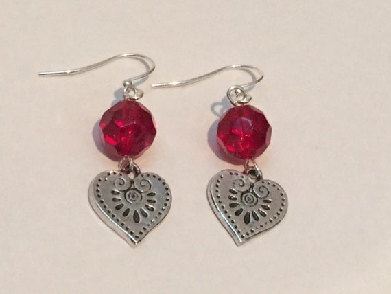 Handmade Valentine Earrings: Red Beads with Silver tone Heart