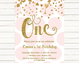 Pink and Gold 1st Birthday Invitation Girl, Any Age Pink Gold Heart Confetti Pink and Gold First Birthday Invitation, Polka Dot Printable