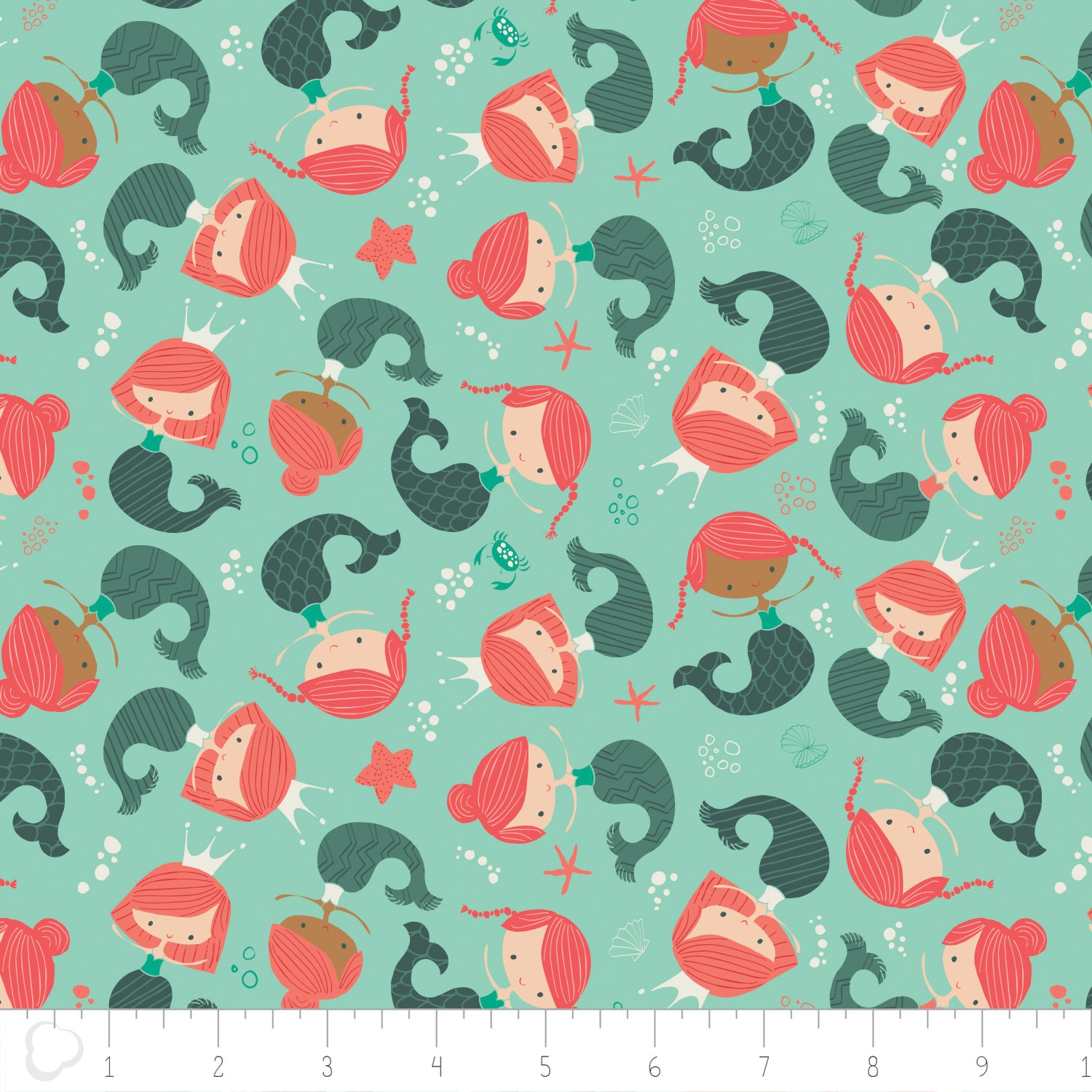 100 Cotton Mermaid Fabric Under the Sea Mermaids in Aqua