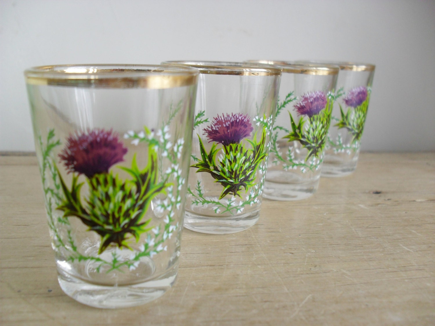 Scottish Thistle SHOT Glasses Set of FOUR Retro Drinks Glasses