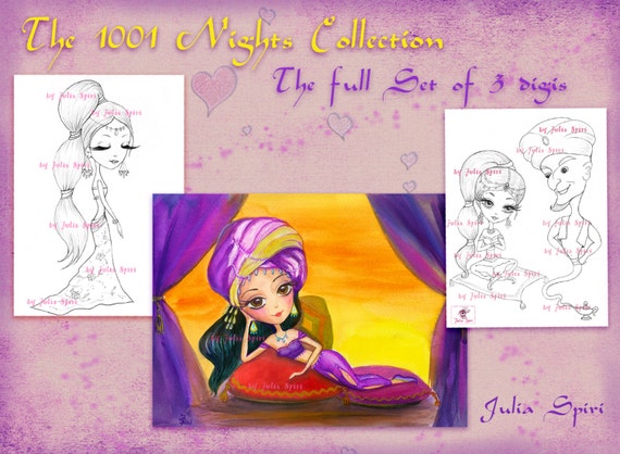 Set of 3 Digital Stamps, 1001 nights, Scheherazade, Genie, East, Fairy tale, Flying carpet, East girls. The  1001 Nights Collection.