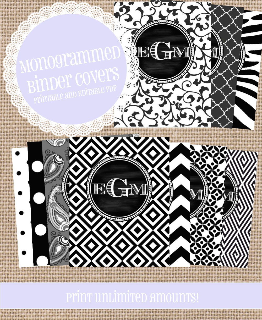 10 Black and White MONOGRAMMED Binder Covers by ThreeLittleStones