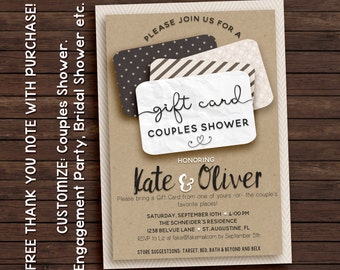 Couples shower invitation, gift card invitation, printable invitation