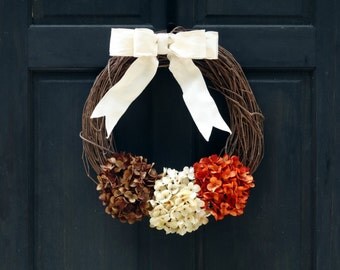 Fall Door Wreath, Thanksgiving Decor, Primitive Fall Wreath, Autumn Wreath, Autumn Door Hanger, Brown Cream & Orange Hydrangea Wreath