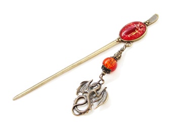 Metal hair stick with glass cabochon - Fire Dragon - red and yellow kanzashi - hair pin, hair ornament, chopstick, shawl pin or bookmark