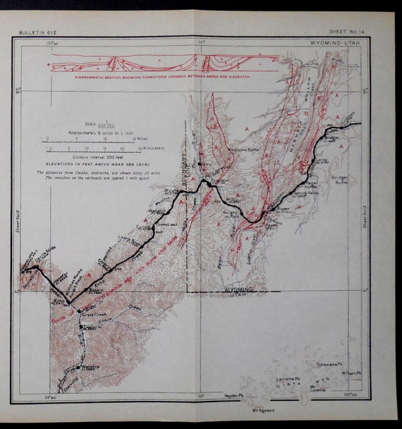 1915 Railroad Map Utah Wyoming Border Devils Slide Emory