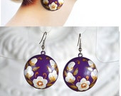 Purple earrings of wood with hand painted Purple and white jewelry Handmade wooden earrings tender  earrings folklore earrings Boho Jewelry