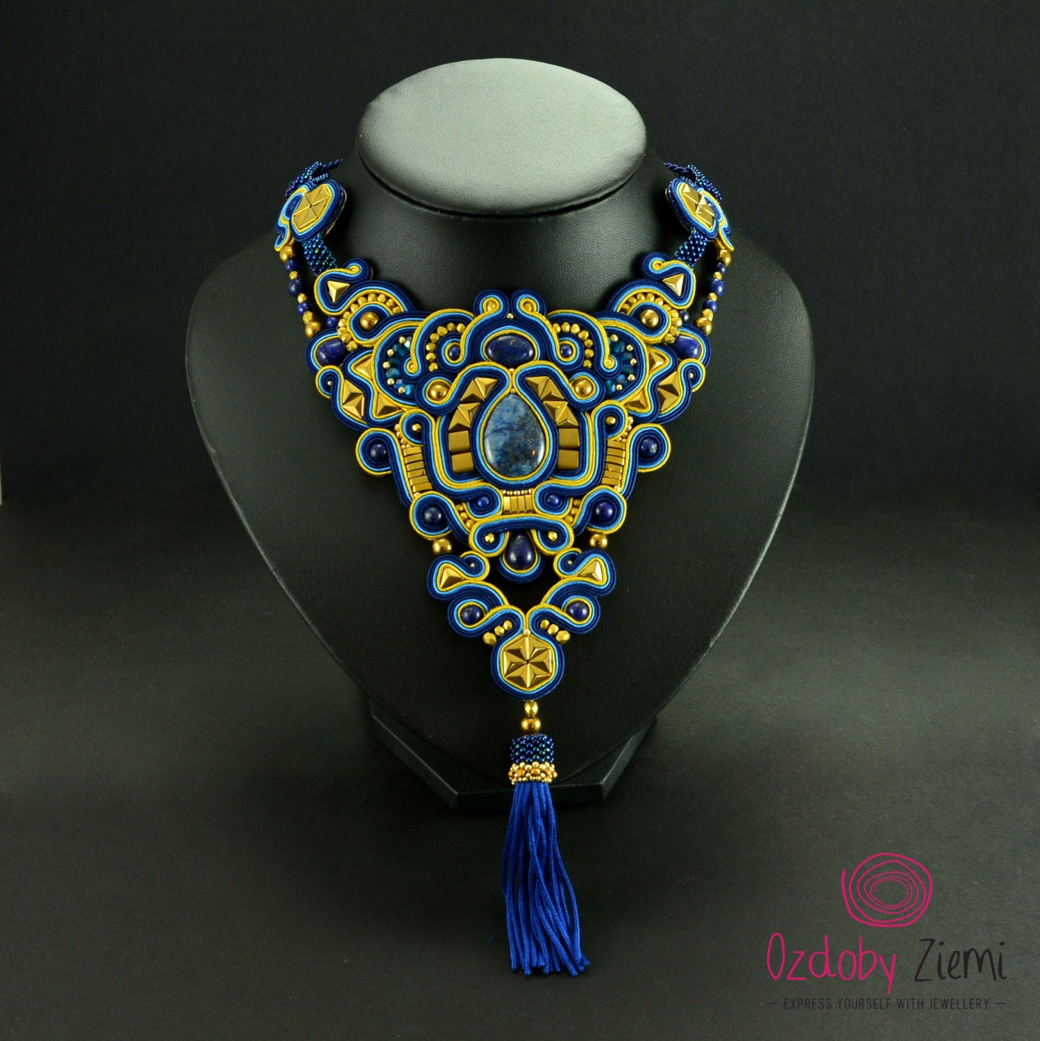 Navy Blue Tassel Necklace Blue Soutache Necklace Lapis
