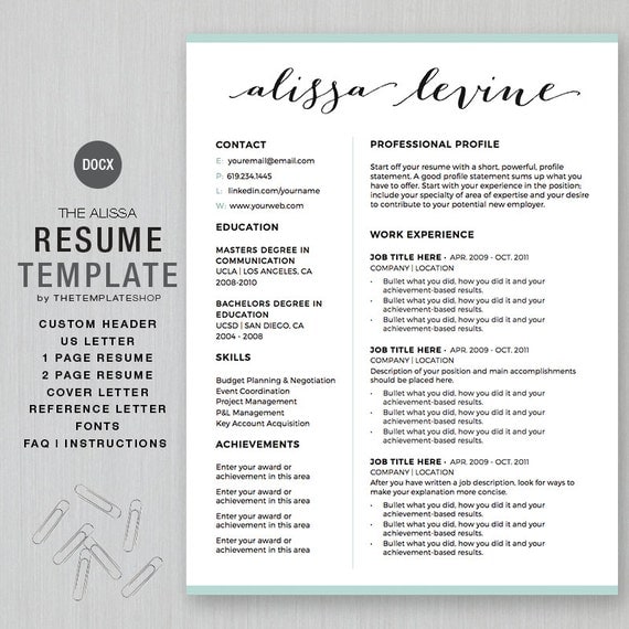 Resume Template and CV Template for MS Word Custom Header