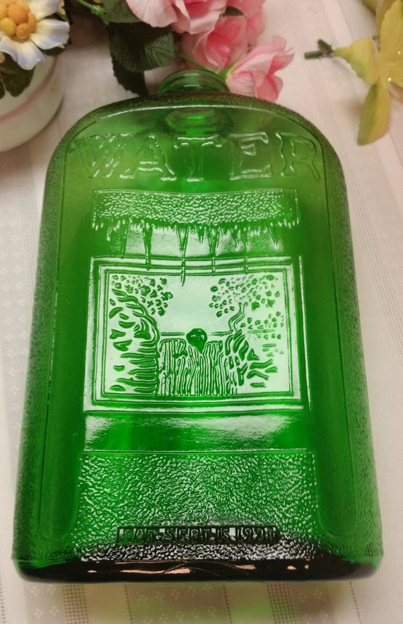 ANTIQUE Green Glass Refrigerator WATER Bottle Art Deco