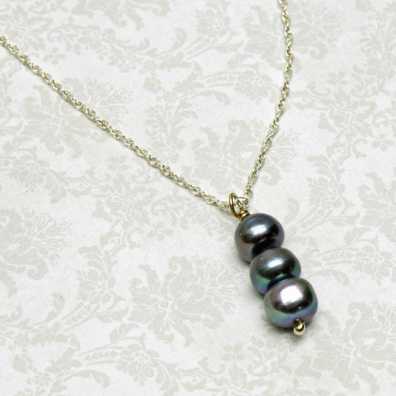 Triple Pearl Necklace, Dark Silver Genuine Freshwater, Sterling Silver Chain