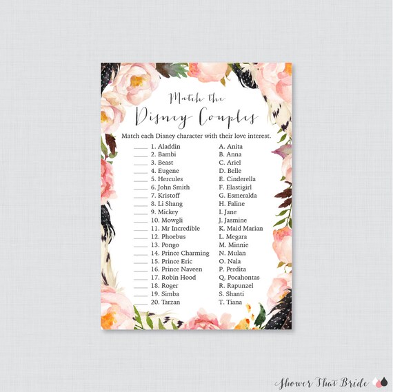 Boho Disney Couples Match Game Printable Pink Floral Bridal