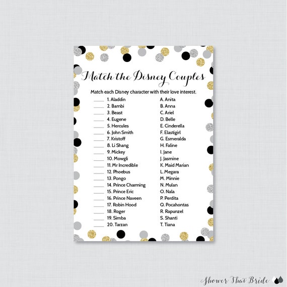 Disney Couples Match Game Printable Silver and Gold Glitter
