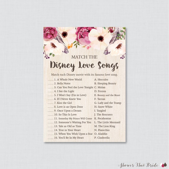 Disney Love Songs Match Game Printable Boho Bridal Shower