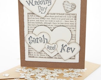 Personalised Wedding and Engagement Card, handmade using real Harry Potter book pages, includes mini book page confetti for inside the card