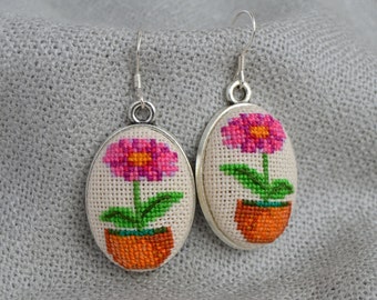 Flower earrings Gift for her Cross stitch jewelry Embroidered earrings Magenta flower Hand embroidered gift Flower pot earring Green jewelry